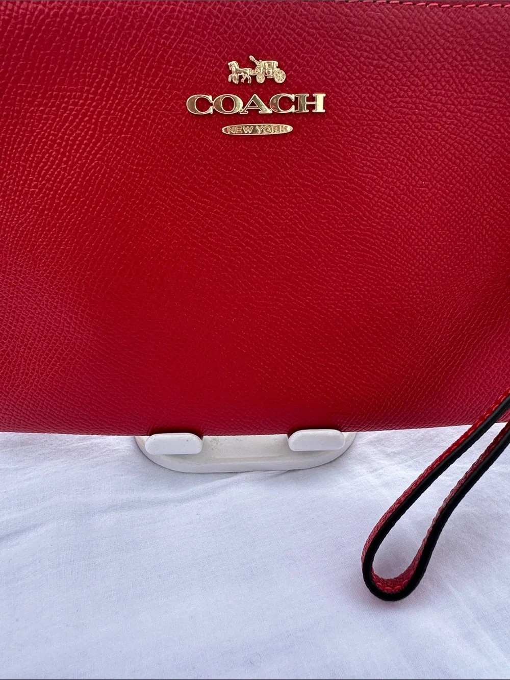 Coach Red Pebbled Leather Large Wristlet Pouch with Gold Logo